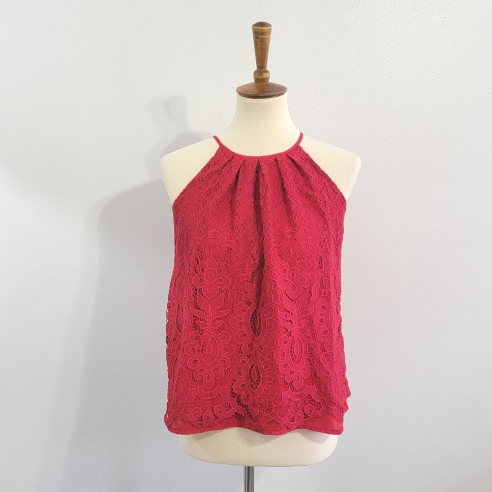 Blue Rain Red Lace High Neck Sleeveless Top Size Small